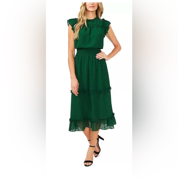 NWT CeCe Women's Green Ruffled Flutter Sleeve Swiss Dot Midi Dress XS sold out - Picture 2 of 8